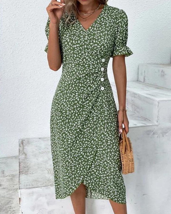 Robe Midi Fleurie à Col V et Taille Froncée