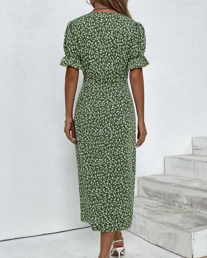 Robe Midi Fleurie à Col V et Taille Froncée