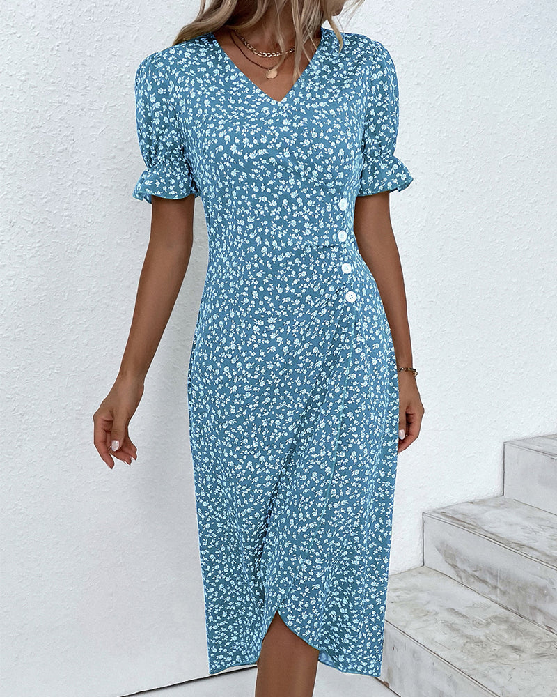 Robe Midi Fleurie à Col V et Taille Froncée
