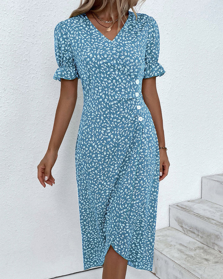 Robe Midi Fleurie à Col V et Taille Froncée