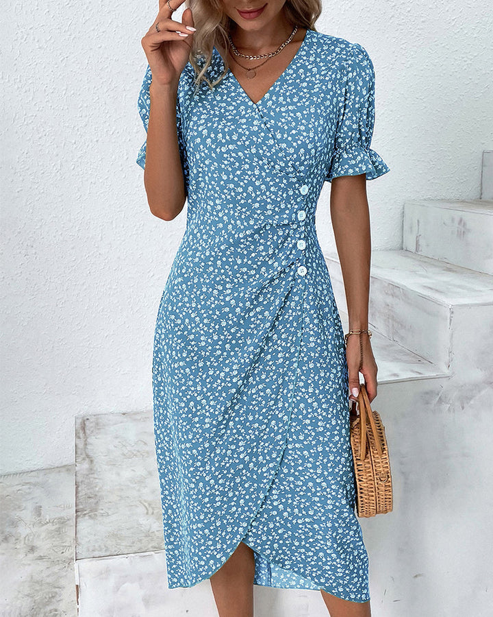 Robe Midi Fleurie à Col V et Taille Froncée