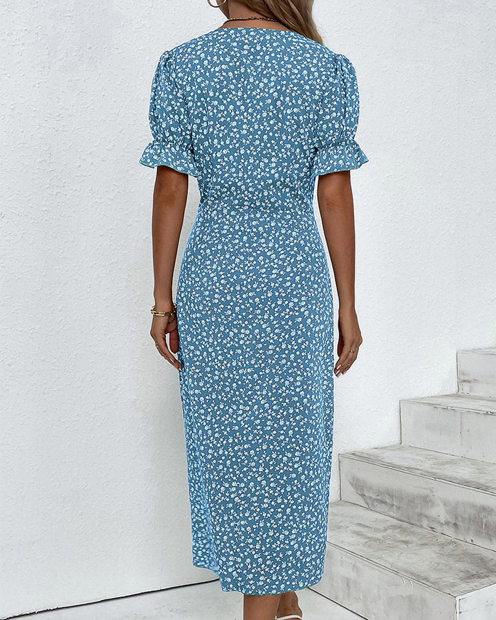 Robe Midi Fleurie à Col V et Taille Froncée