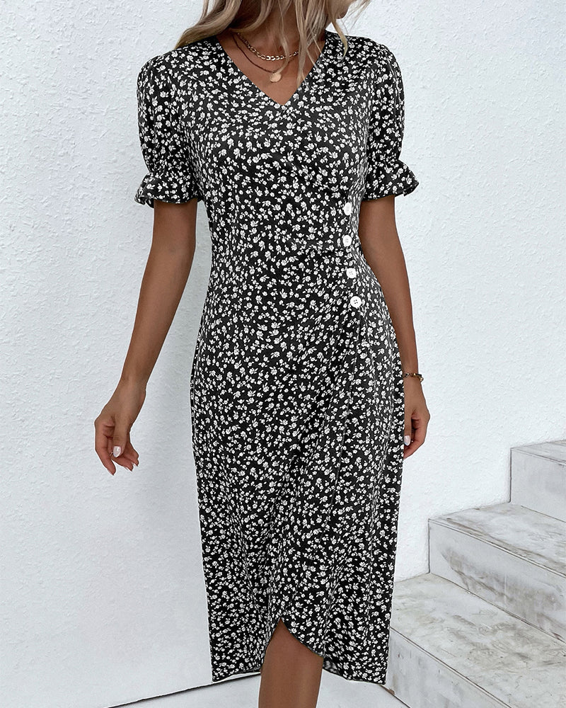 Robe Midi Fleurie à Col V et Taille Froncée