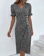 Robe Midi Fleurie à Col V et Taille Froncée