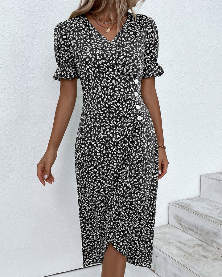 Robe Midi Fleurie à Col V et Taille Froncée