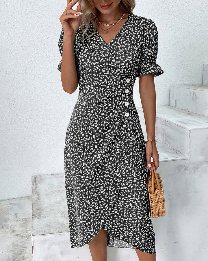 Robe Midi Fleurie à Col V et Taille Froncée