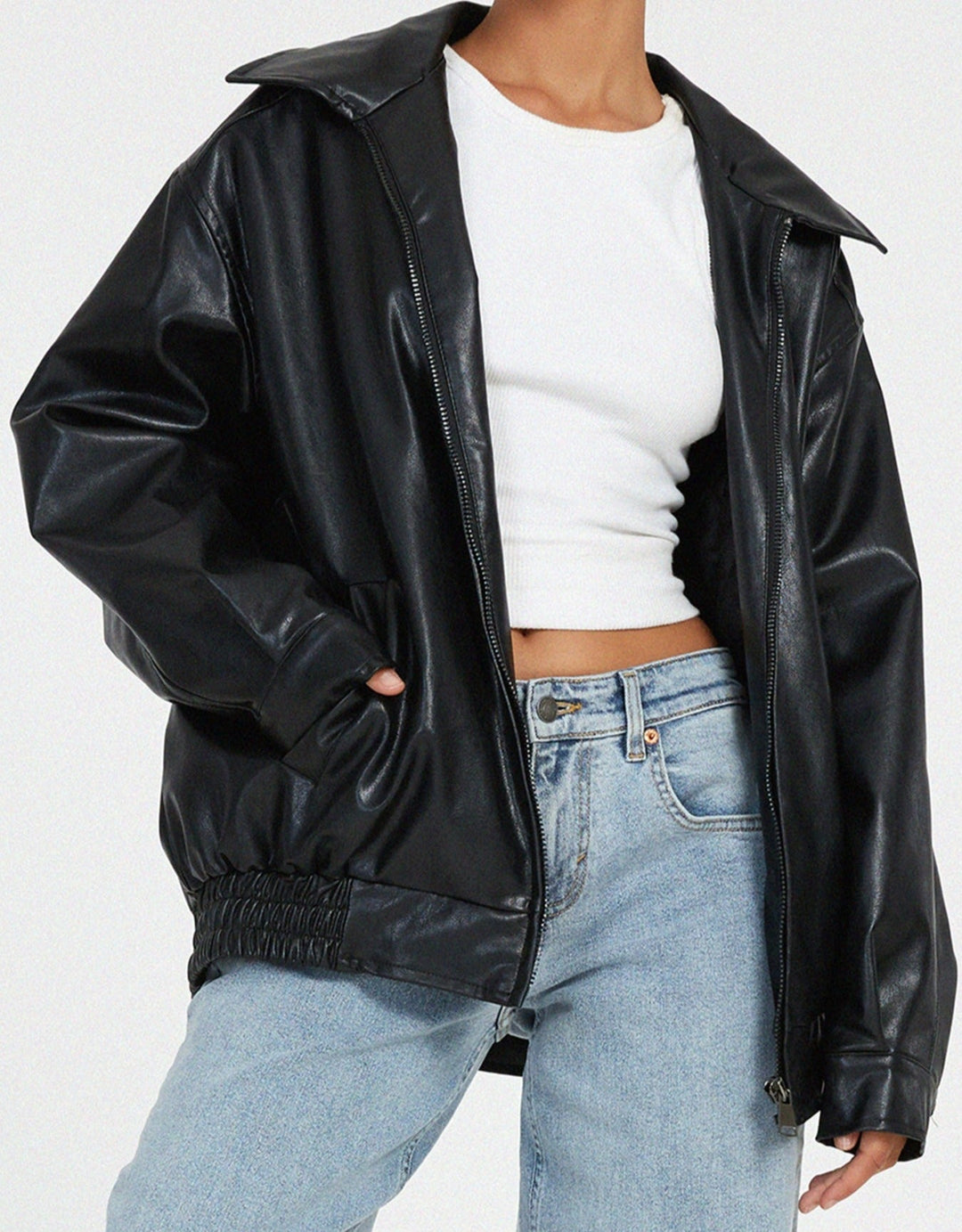 Veste Oversize Effet Cuir à Fermeture Zippée