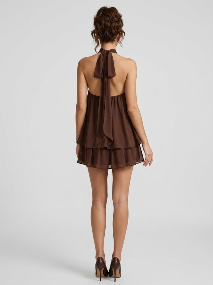 Robe Courte à Col Halter Superposé Femme