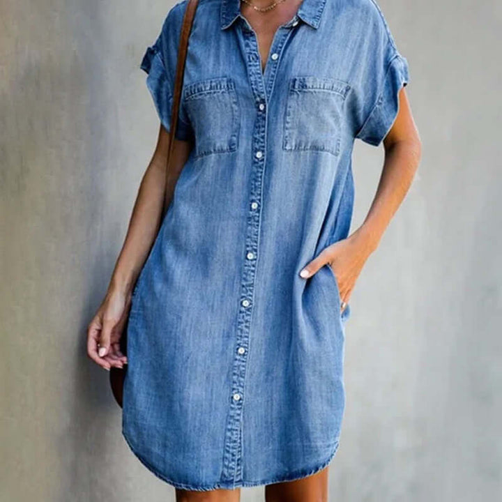 Robe Chemise Courte en Denim à Poches Plaquées
