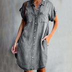 Robe Chemise Courte en Denim à Poches Plaquées
