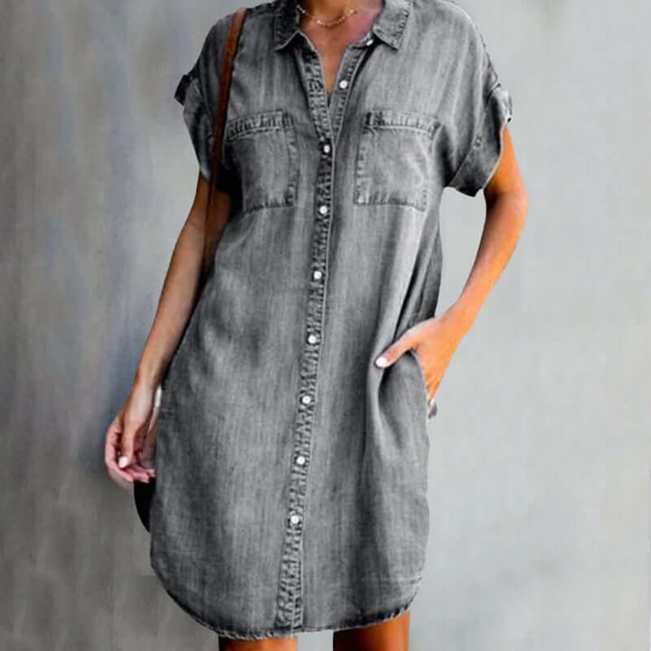 Robe Chemise Courte en Denim à Poches Plaquées