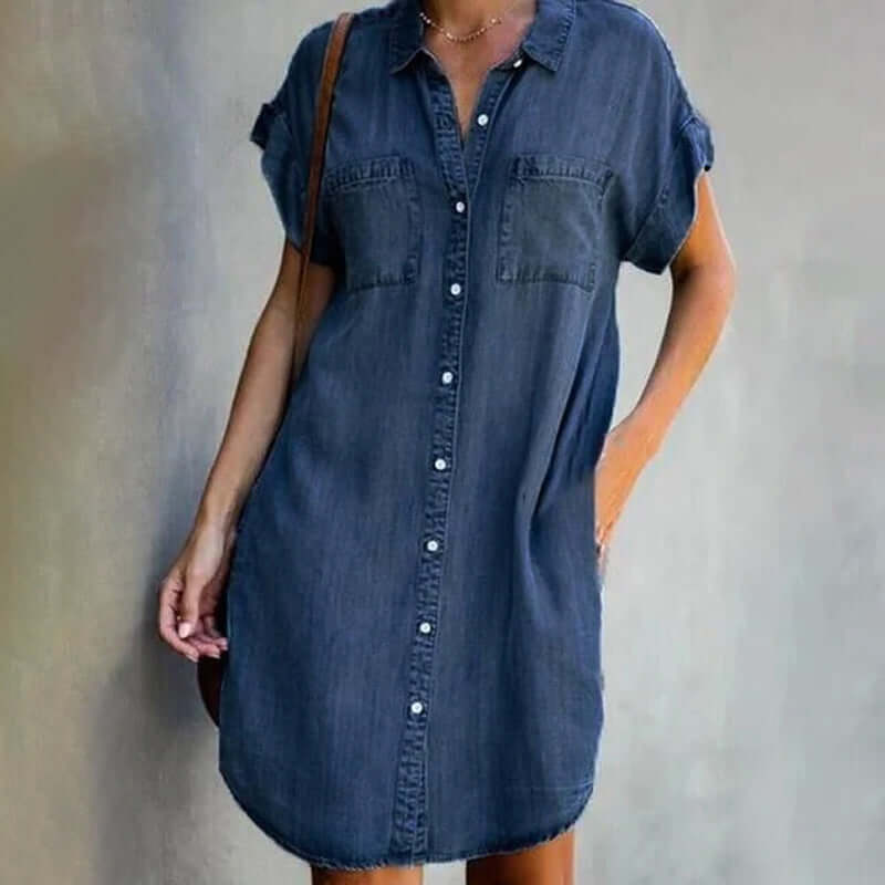 Robe Chemise Courte en Denim à Poches Plaquées