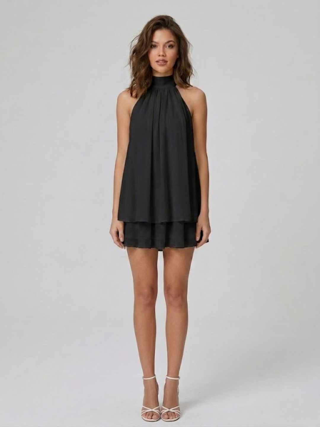 Robe Courte à Col Halter Superposé Femme