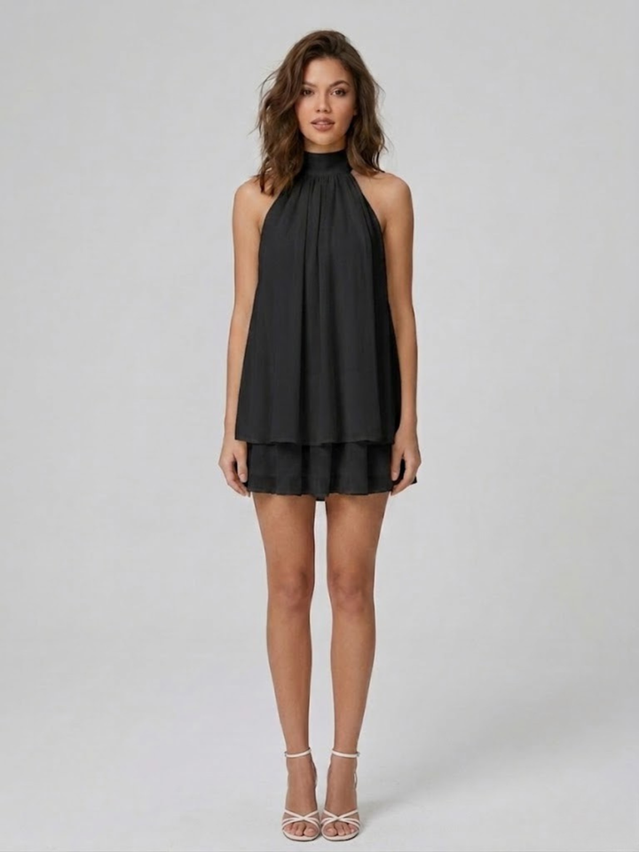 Robe Courte à Col Halter Superposé Femme