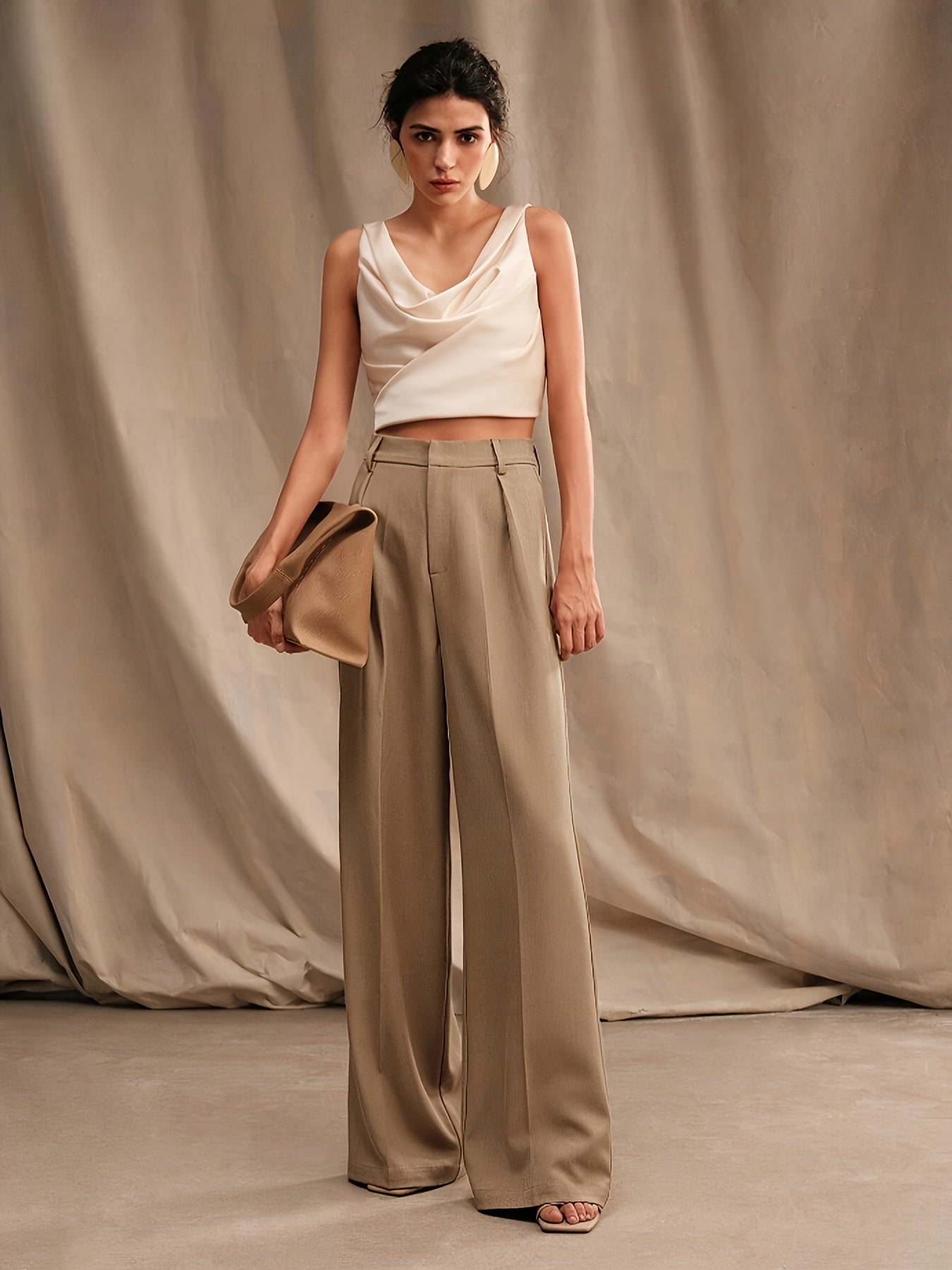 Pantalon Large Taille Haute à Plis