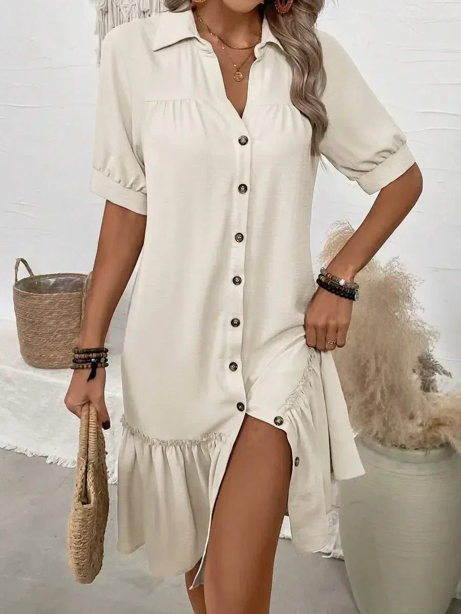 Robe Chemise Courte à Volant et Boutonnage Frontal