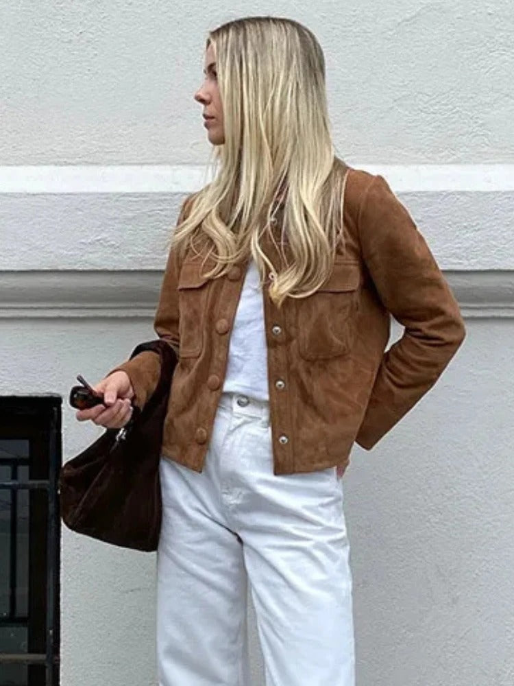 Veste Courte Effet Suédine à Poches Poitrine