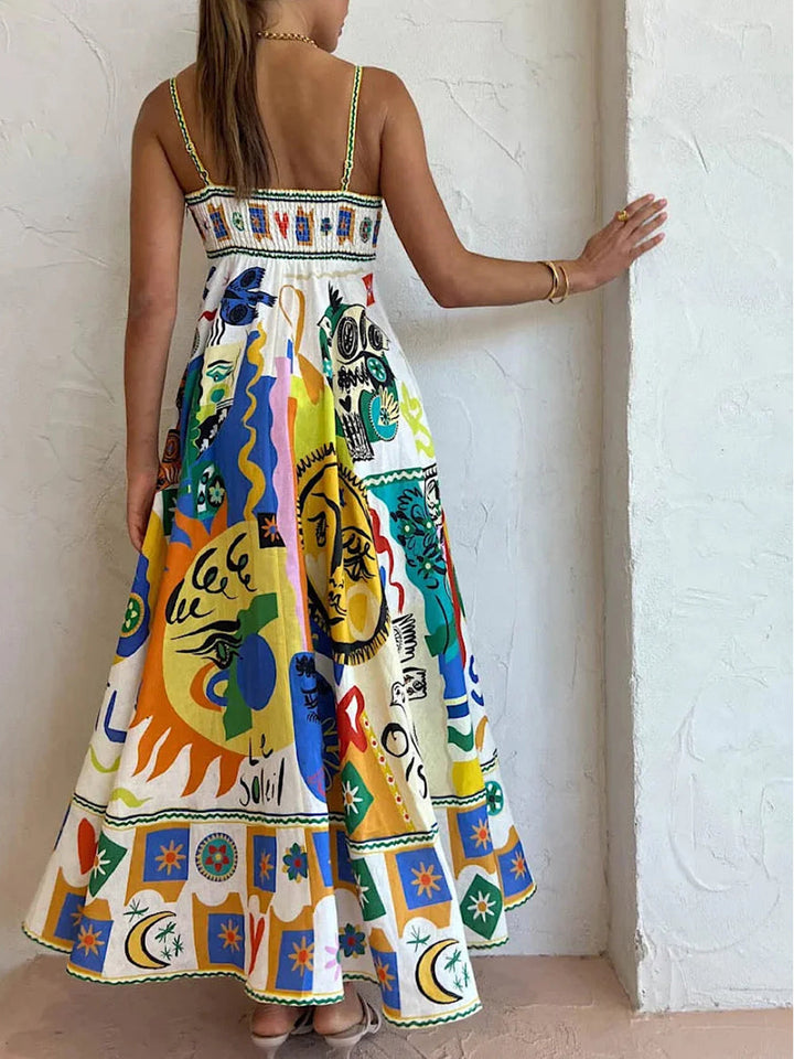 Robe Longue Imprimée à Bretelles et Jupe Évasée