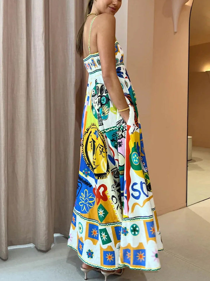 Robe Longue Imprimée à Bretelles et Jupe Évasée