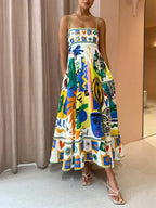 Robe Longue Imprimée à Bretelles et Jupe Évasée