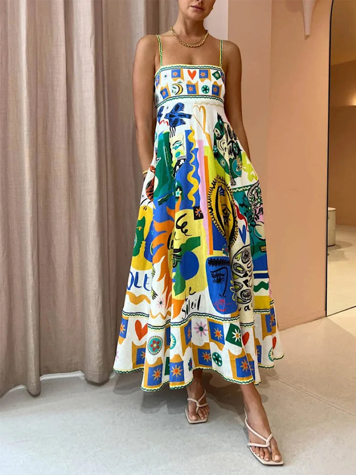 Robe Longue Imprimée à Bretelles et Jupe Évasée