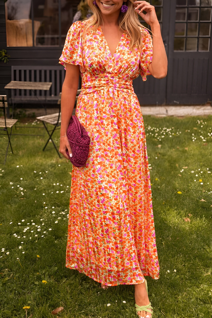 Robe Longue Fleurie à Col V et Taille Smockée