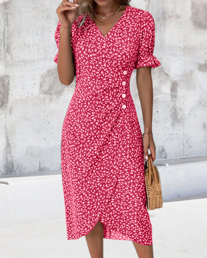 Robe Midi Fleurie à Col V et Taille Froncée