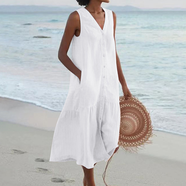 Robe Longue Sans Manches Boutonnée Femme