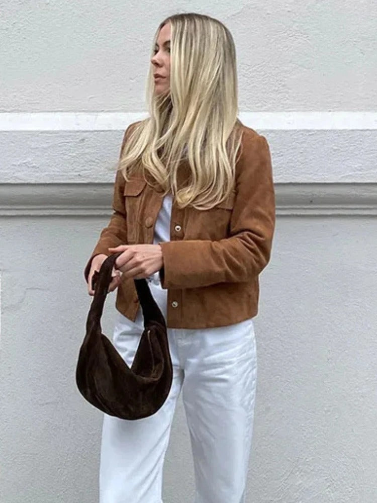 Veste Courte Effet Suédine à Poches Poitrine