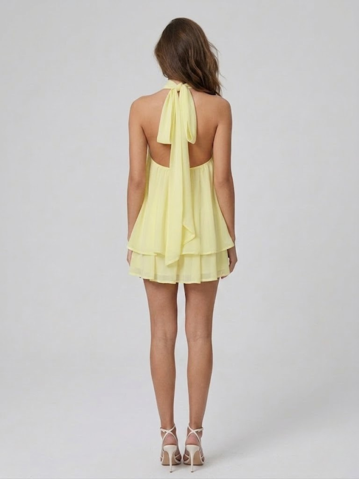 Robe Courte à Col Halter Superposé Femme