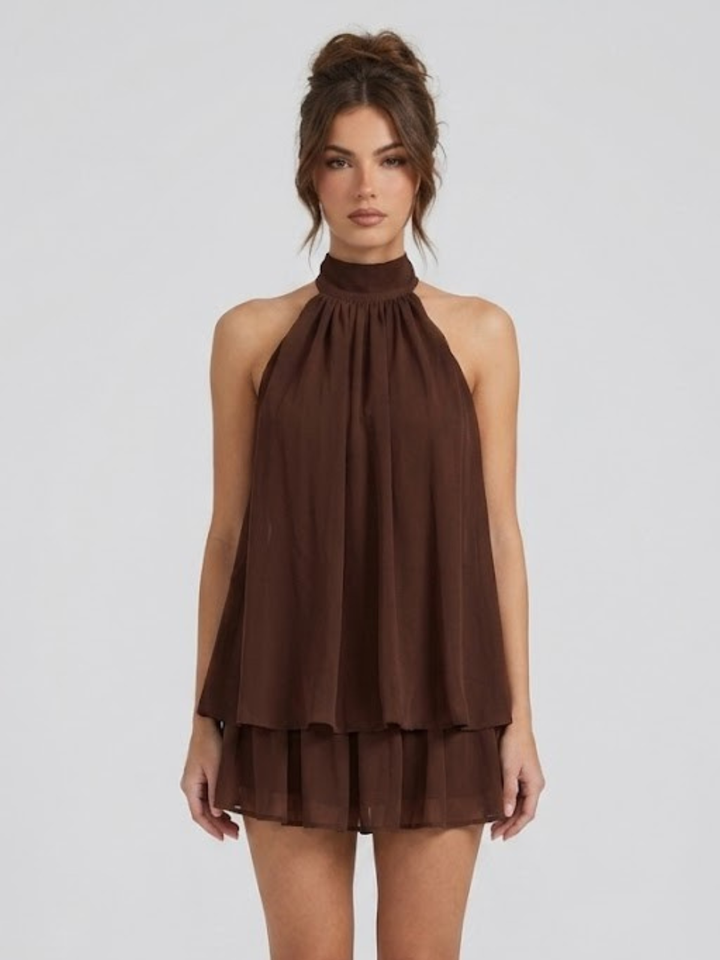 Robe Courte à Col Halter Superposé Femme