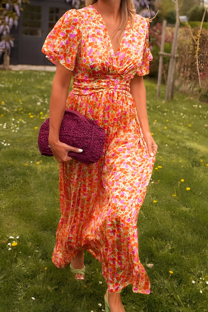 Robe Longue Fleurie à Col V et Taille Smockée