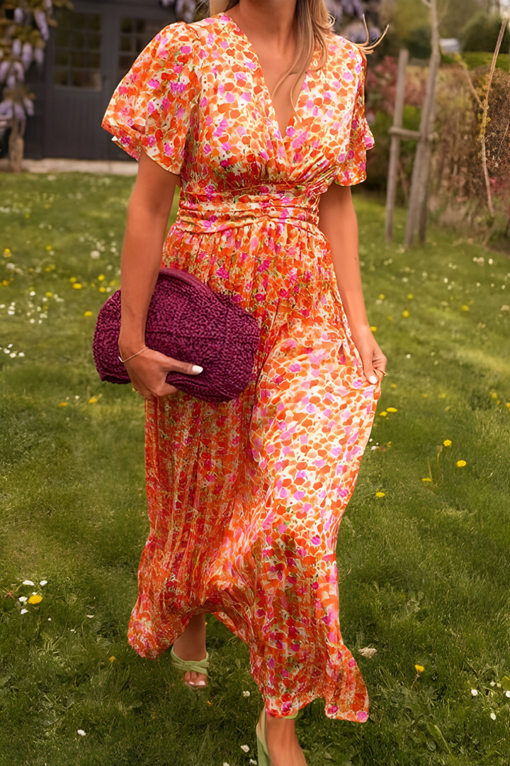 Robe Longue Fleurie à Col V et Taille Smockée