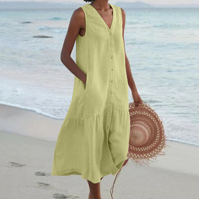 Robe Longue Sans Manches Boutonnée Femme