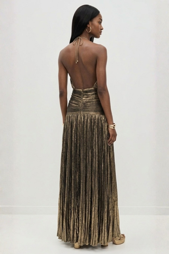 Robe Longue Plissée à Col Halter Femme