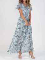 Robe Longue Fleurie à Col V et Manches Volantées