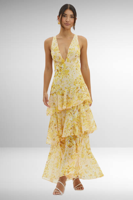Robe Longue Volantée à Imprimé Floral
