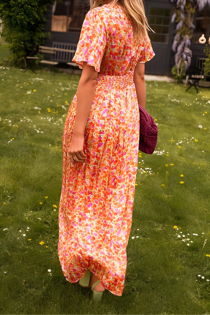Robe Longue Fleurie à Col V et Taille Smockée