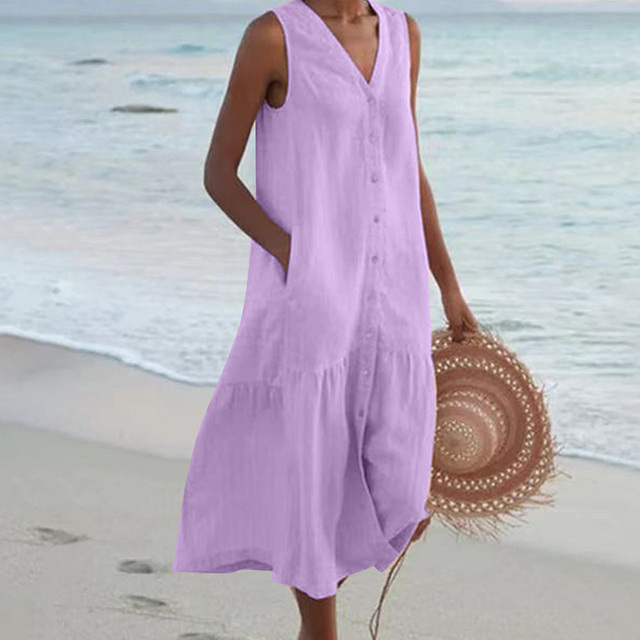 Robe Longue Sans Manches Boutonnée Femme