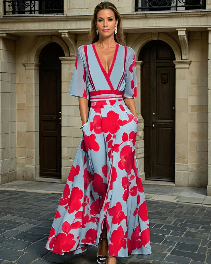 Robe Longue Fleurie Portefeuille à Col V
