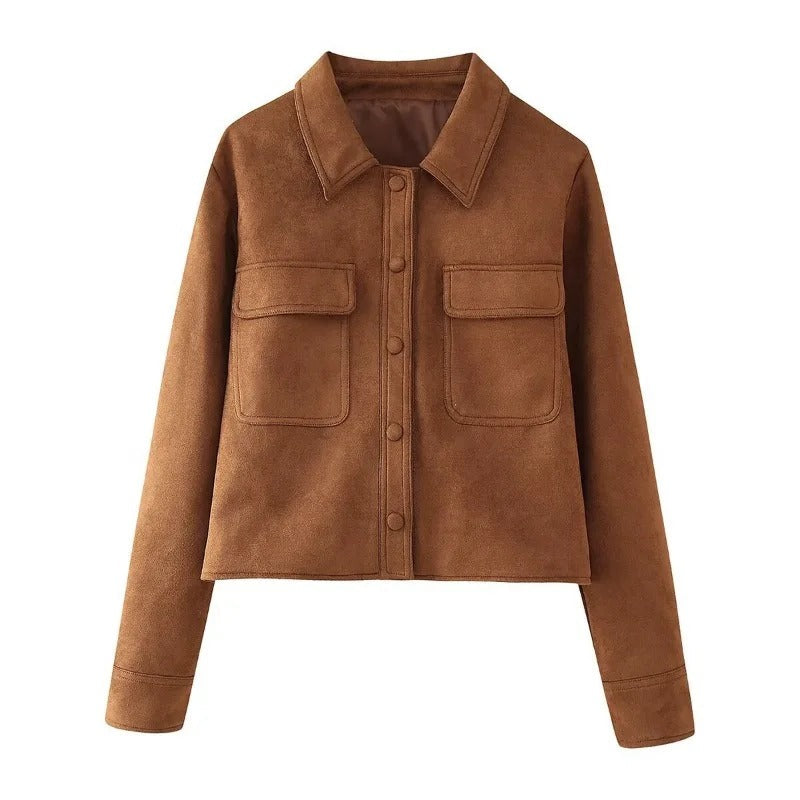 Veste Courte Effet Suédine à Poches Poitrine