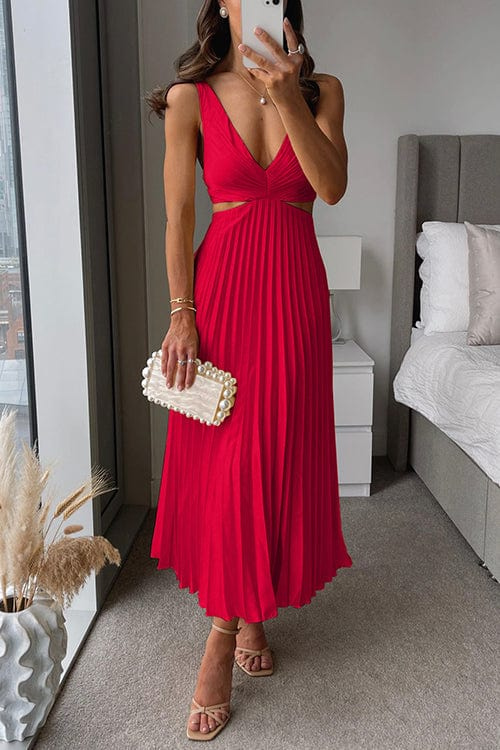Robe Longue Plissée à Bretelles et Décolleté Croisé
