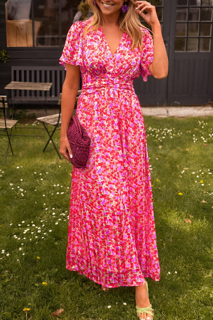 Robe Longue Fleurie à Col V et Taille Smockée