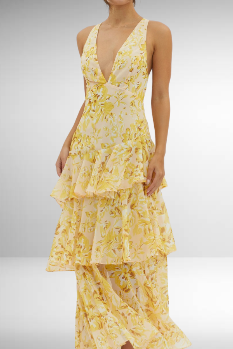 Robe Longue Volantée à Imprimé Floral