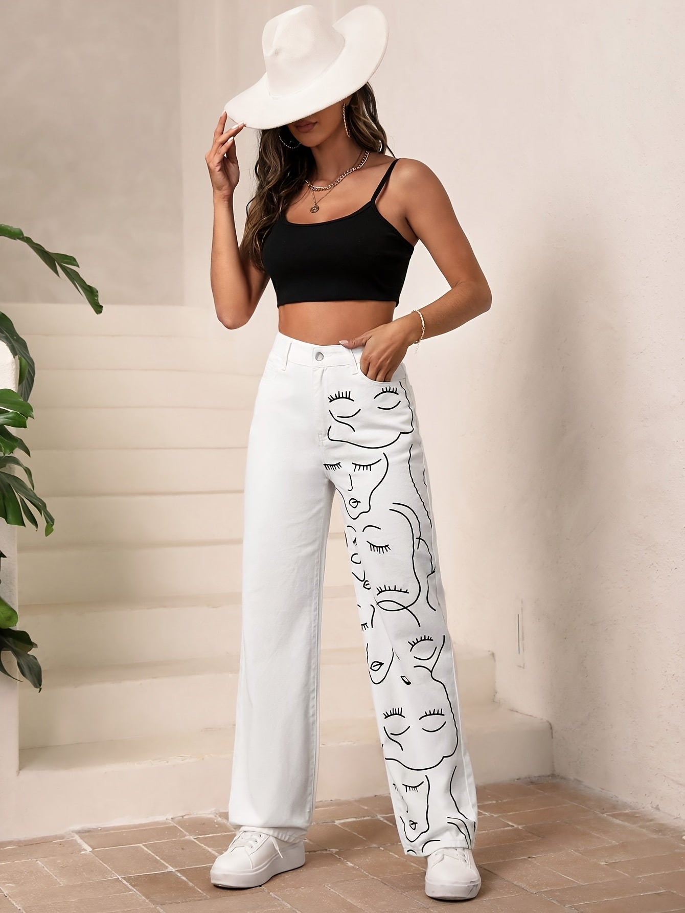 Pantalon Large Bicolore à Imprimé Graphique