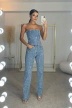 Combinaison Bustier Pailletée à Jambes Droites