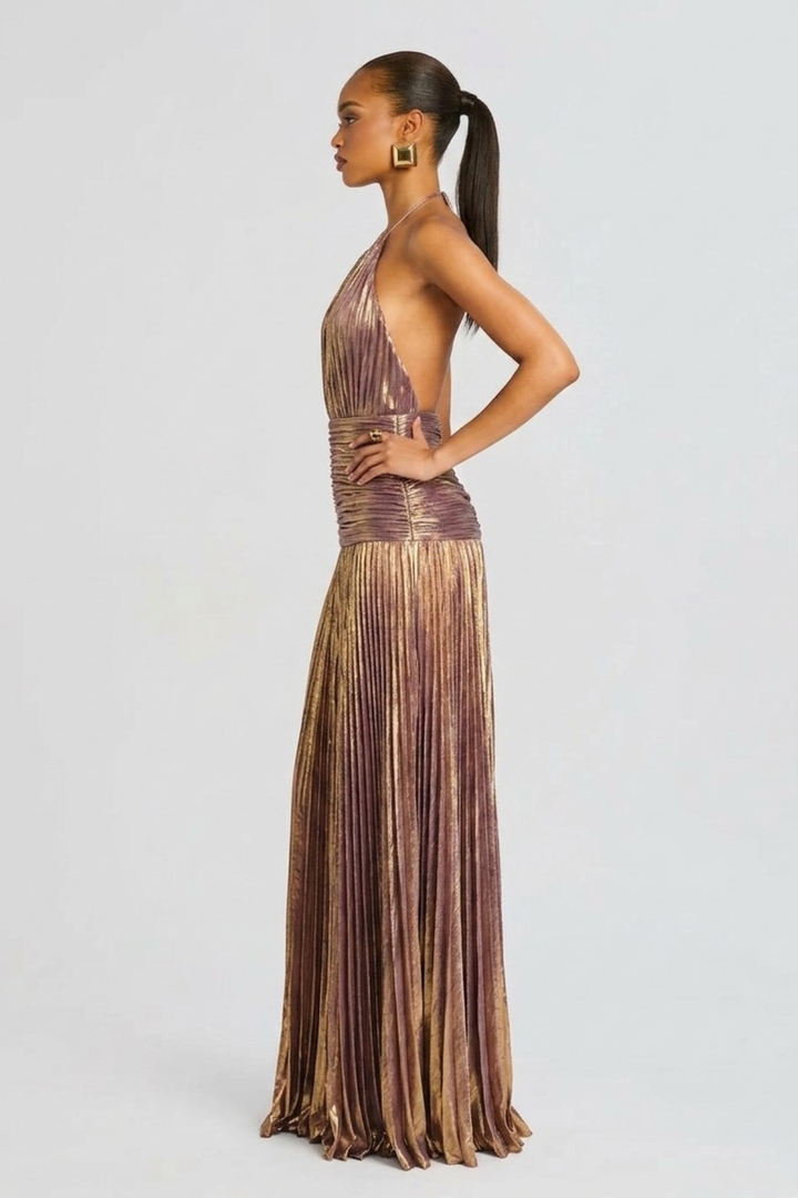Robe Longue Plissée à Col Halter Femme