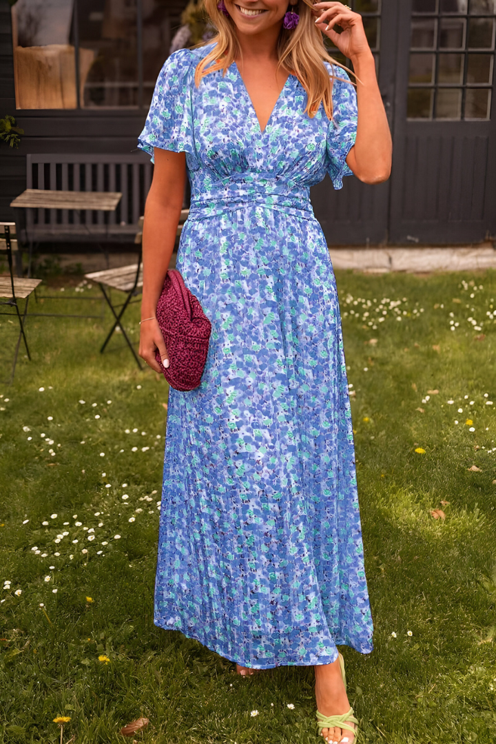 Robe Longue Fleurie à Col V et Taille Smockée