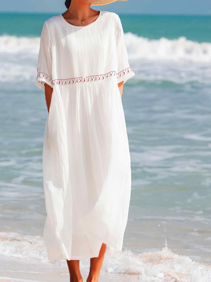 Robe Longue Fluide à Manches Courtes Femme