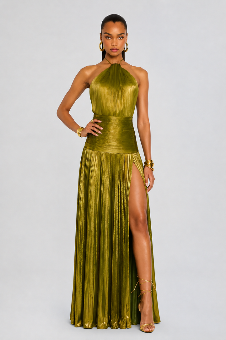 Robe Longue Plissée à Col Halter Femme